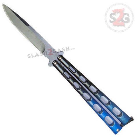 Jaguar HEAVY Butterfly Knife Big Fat Balisong - Fade Black To Blue Plain Black Blade Riveted Knuckle Banger
