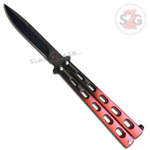 Jaguar HEAVY Butterfly Knife Big Fat Balisong - Fade Black To Red Redish Plain Black Blade Riveted Knuckle Banger