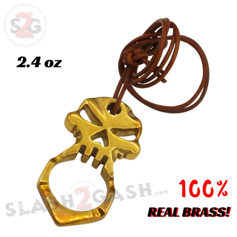 One Finger Punisher Skull Knuckle Self Defense Keychain - REAL BRASS w/ Leather Jabber Necklace