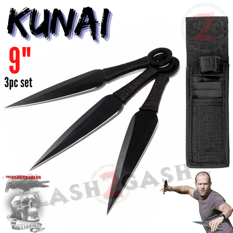 9" Black Naruto Kunai Throwing Knives 3 Pc Set w/ Ring Anime