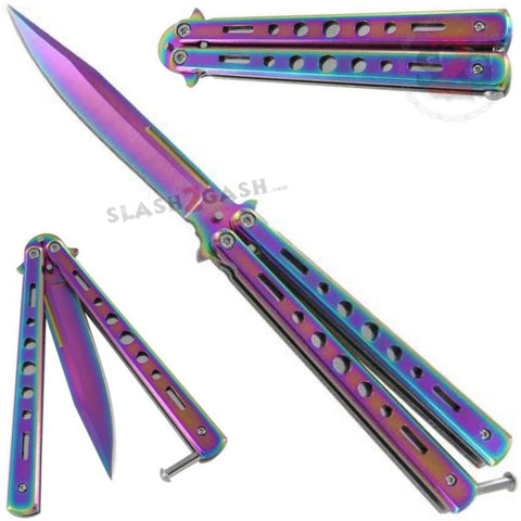 Hi-Tech Butterfly Knife Stainless Steel Cutout Balisong - Titanium Rainbow Plain