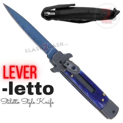 Lever-Lock Stiletto Blue Marble Automatic Knife Damascus Switchblade - Leverletto