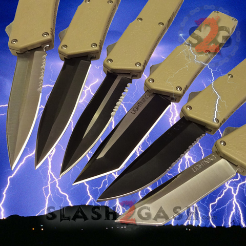 Lightning OTF Knife Dual Action Tan Switchblade - TAIWAN upgraded 6 Blades