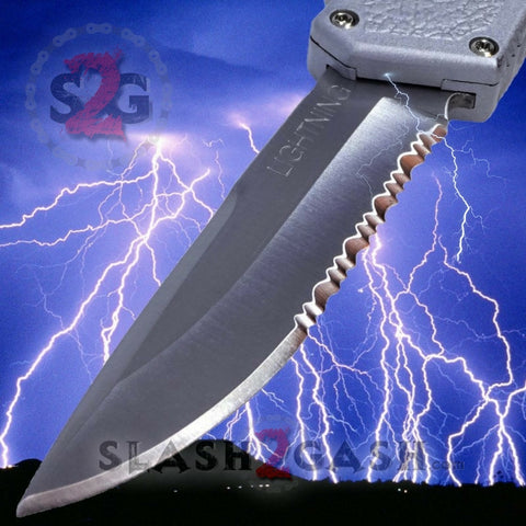 Taiwan Lightning OTF Dual Action Silver Automatic Knife - Satin Serrated Edge