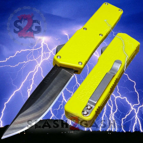 Lightning OTF Dual Action Yellow Automatic Knife - Tactical Plain Edge
