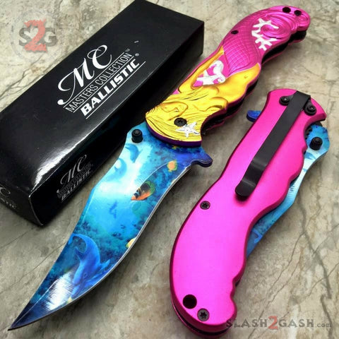 Fantasy Pink Mermaid Ocean View Spring Assisted Folding Knife