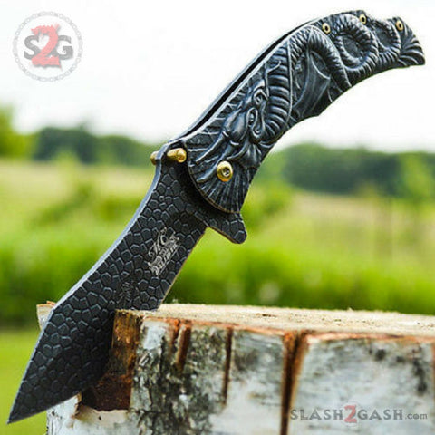 Dragon Ninja Stonewash Spring Assisted Knife 3D Engraved Scales Master