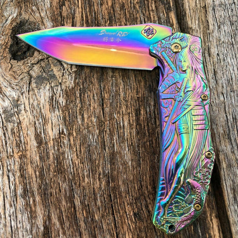 Samurai Woman 3D Fantasy Knife A/O with Koi Fish - Rainbow MC-A035RB Shogun Rey