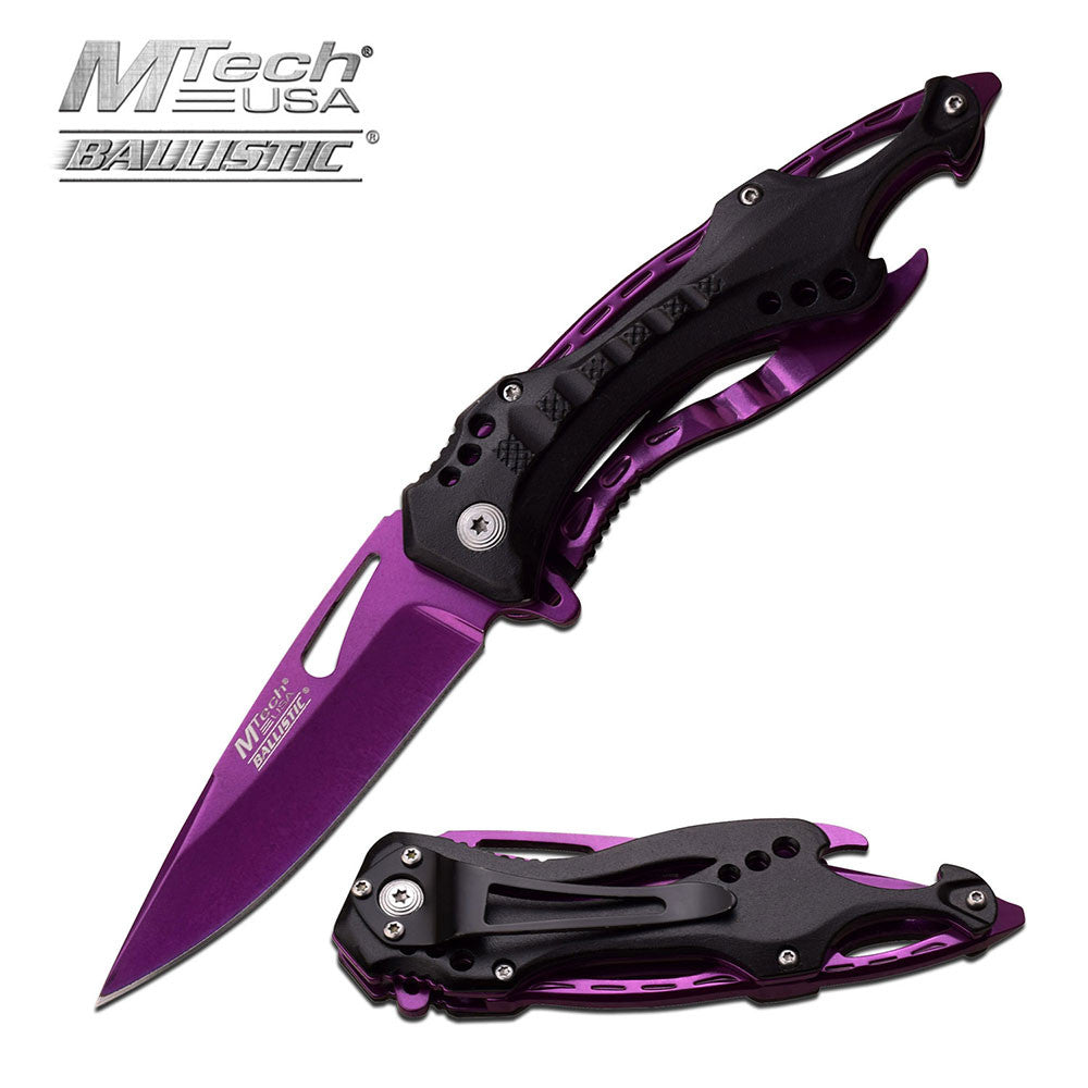 Purple Spring Assisted Tactical Knife w/ Bottle Opener +