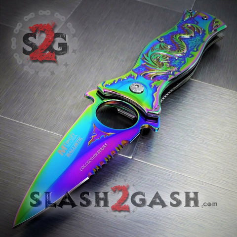 M-TECH Rainbow Dragon Finger Hole Spring Assisted Knife w/ Breaker