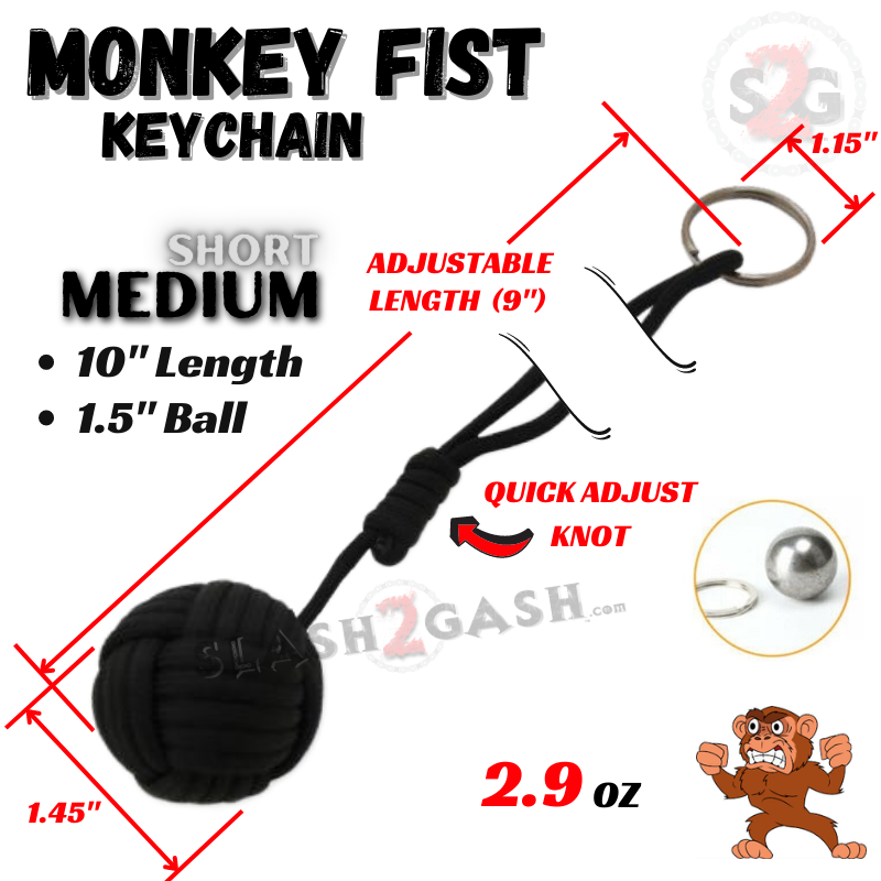 Medium Monkey Fist Self Defense Keychain Adj. w/ 1.5" Ball Black