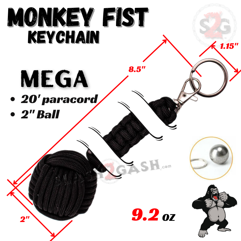 MEGA Monkey Fist Self Defense Paracord Key Chain 2" Ball Black