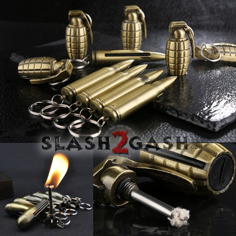 Grenade Bullet Bomb Fire Starter - Emergency Permanent Match Survival Key Chain Flint Camping Kerosene Lighter