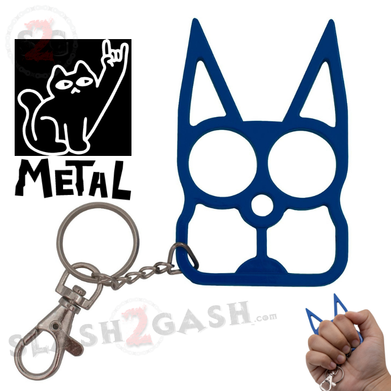 Metal Cat Self Defense Kitty Keychain Knuckles Blue Slash2Gash