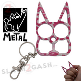 Metal Cat Keychain Self Defense Crazy Kitty Knuckles Aluminum Protection Tool - Pink Camo Animal Print
