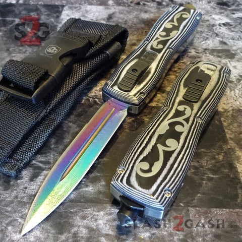 S2G Tactical Micarta Switchblade Knives Automatic D/A Knife Titanium Fade Damascus Finish 440c