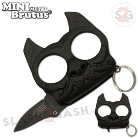 Mini Brutus Self Defense Keychain Metal Knuckles w/ Knife - Black Bulldog Small Compact Jabber