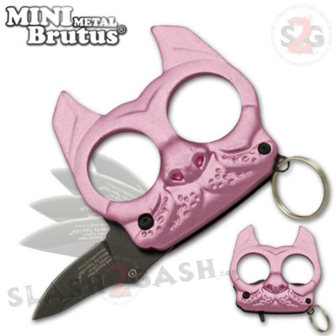 Mini Brutus Self Defense Keychain Metal Knuckles w/ Knife - Pink Bulldog Small Compact Jabber Punchy Puppy