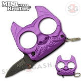 Mini Brutus the Bulldog Metal Self Defense Keychain Knuckles w/ Knife - Purple Punchy Puppy Spring Assisted