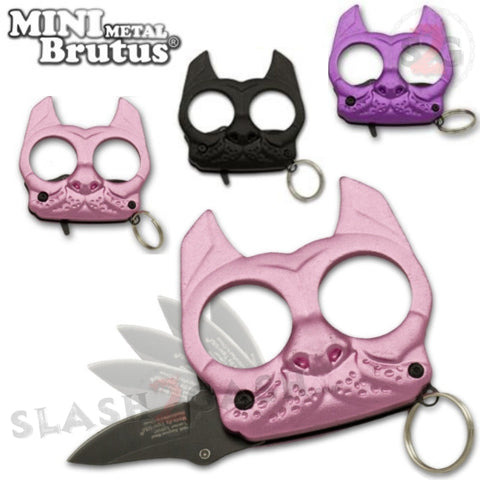 Mini Brutus Self Defense Keychain Metal Knuckles w/ Hidden Knife - Black Pink Purple Bulldog Small Compact Jabber Punchy Puppy