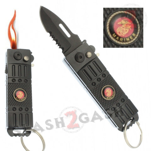 Mini Automatic Knife w/ Lighter California Legal Black Switchblade - MARINES Key Chain