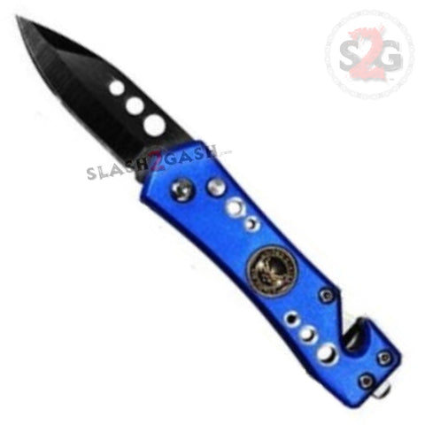 Mini Rescue Automatic Knife Cali Legal Blue small Switchblade - AIR FORCE Logo w/ cutter and breaker