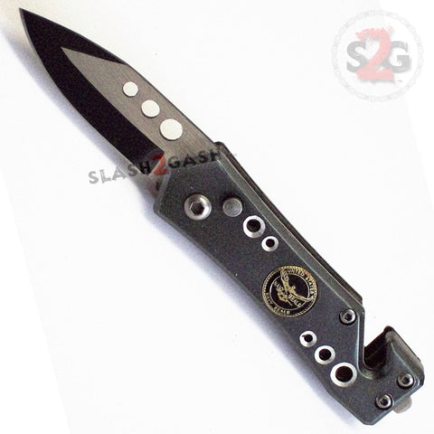 Mini Rescue Automatic Knife Cali Legal Grey small Switchblade - NAVY SEALS Logo w/ cutter and breaker