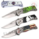 Small Switchblade Automatic Knife w/ Safety Lock - Harley Punisher Skull USA Flag marijuana