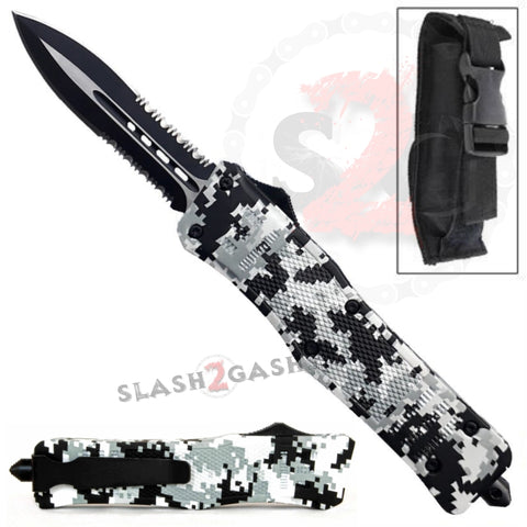 Winter Digi Camo Dual Action OTF Automatic Knife - Double Edge Serrated Dagger