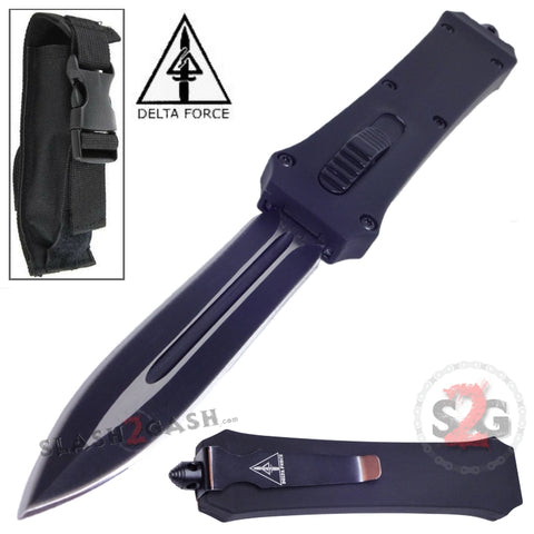 Delta Force OTF Crypt Keeper Dual Action Black Tactical Automatic Knife Double Edge Dagger Plain Switchblade