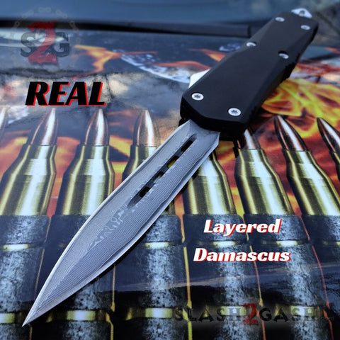 Delta Force OTF Recon D/A Black Automatic Knife - REAL Damascus Double Edge Dagger Spear Point Switchblade