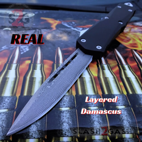 Delta Force OTF Recon D/A Black Automatic Knife - REAL Damascus Single Edge Drop Point Switchblade