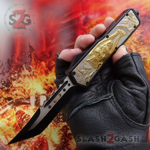 Delta Force Lycan OTF Automatic Knife D/A Tanto Xtreme Switchblade - Golden Wolf