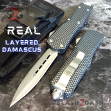Carbon Fiber OTF Knife D/A Switchblade - REAL Damascus - S2G Tactical Automatic Knives Double Edge Plain Silver Hardware