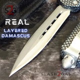 Carbon Fiber OTF Knife D/A Switchblade - REAL Layered Damascus - S2G Tactical Automatic Knives Double Edge Plain Silver Hardware