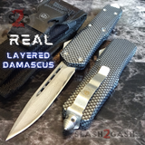 Real Damascus OTF Knife Carbon Fiber D/A Switchblade - S2G Tactical Automatic Knives Single Edge Plain Silver Hardware