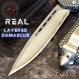Real Damascus OTF Knife Carbon Fiber D/A Switchblade - S2G Tactical Automatic Knives Single Edge Plain Silver Hardware