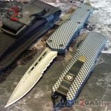 Real Damascus OTF Knife Carbon Fiber D/A Switchblade - S2G Tactical Automatic Knives Single Edge Serrated Black Hardware