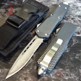 Real Damascus OTF Knife Carbon Fiber D/A Switchblade - S2G Tactical Automatic Knives Single Edge Serrated Silver Hardware