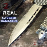 Carbon Fiber OTF Knife D/A Switchblade - REAL Layered Damascus - S2G Tactical Automatic Knives Single Edge Serrated