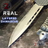 Real Damascus OTF Knife Carbon Fiber D/A Switchblade - S2G Tactical Automatic Knives Single Edge Serrated Silver Hardware