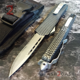 Real Damascus OTF Knife Carbon Fiber D/A Switchblade - S2G Tactical Automatic Knives Single Edge Serrated Silver Hardware