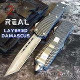 Real Damascus OTF Knife Carbon Fiber D/A Switchblade - S2G Tactical Automatic Knives Tanto Plain Silver Hardware