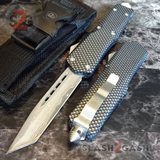 Real Damascus OTF Knife Carbon Fiber D/A Switchblade - S2G Tactical Automatic Knives Tanto Plain Silver Hardware