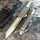 Real Damascus OTF Knife Carbon Fiber D/A Switchblade - S2G Tactical Automatic Knives Tanto Plain Silver Hardware