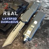 S2G Tactical Carbon Fiber OTF Knife D/A Switchblade - REAL Damascus - Automatic Knives Tanto Serrated Silver Hardware