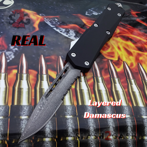 S2G Tactical OTF Recon D/A Black Automatic Knife - REAL Damascus Single Edge Serrated Drop Point Switchblade