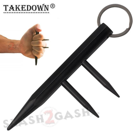 Steel Kubaton Kubotan Self Defense Keychain Stick with Prongs/Spikes - Black Ninja Weapon