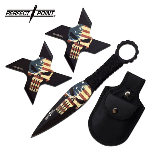 Punisher Skull Throwing Knife Set 3 PC 6" Thrower + Shuriken Stars Combo Pack with Sheath