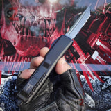 OTF Knife D2 Black Phantom Automatic Switchblade CNC T6061 Delta Force Knives - Tanto Serrated Stonewash